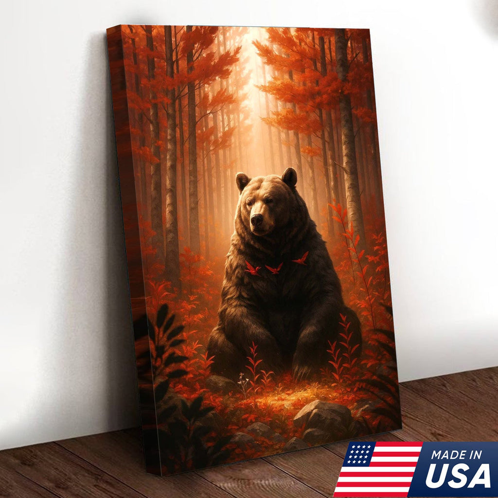 Autumn Forest Bear Canvas Wall Art, Majestic Brown Bear in Fall Woodland