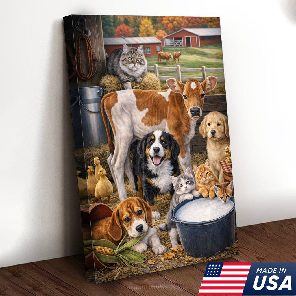 Farm Animals Canvas Wall Art – Cute Barn Animal Painting Cow Dog Cat Farm Decor