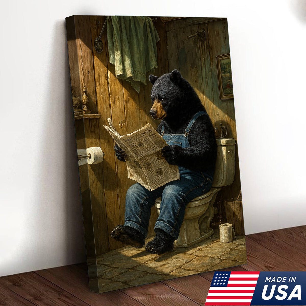 Funny Bear Reading Newspaper Bathroom Wall Art Canvas – Humorous Rustic Animal Decor Print