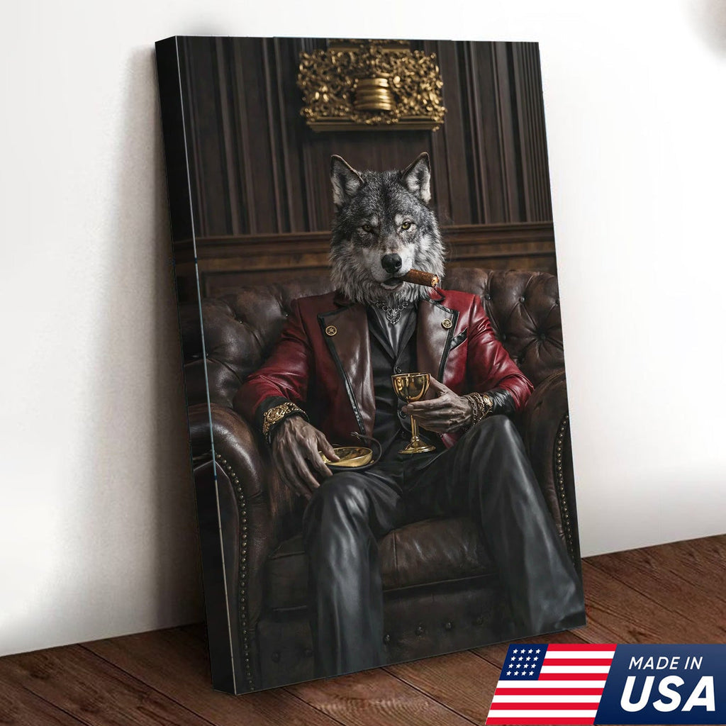 Luxury Alpha Wolf Canvas Wall Art, Aristocratic Wolf Gentleman Portrait