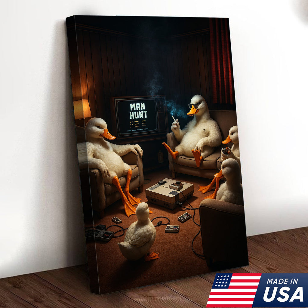 Gaming Ducks Retro Scene Canvas – Dark Humor Surreal Wall Art for Man Cave Decor
