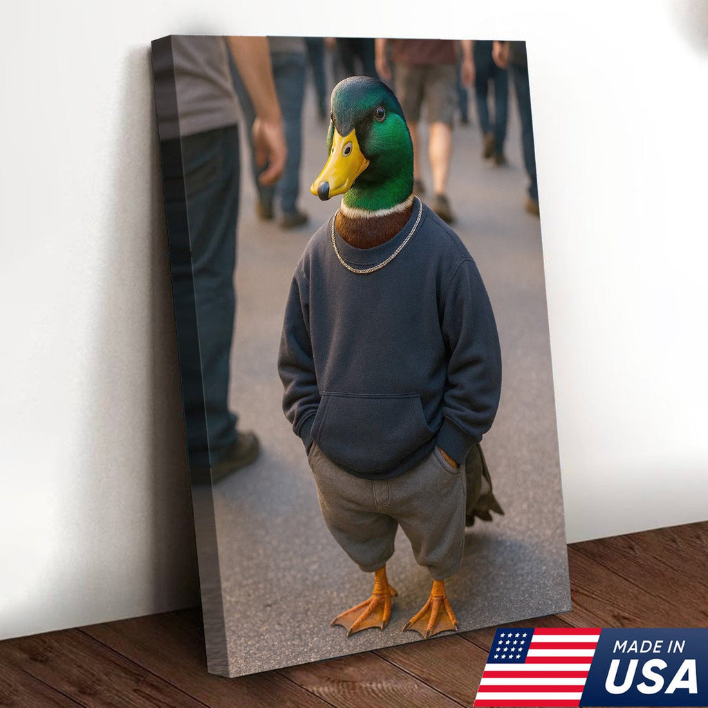 Funny Duck Canvas Wall Art, Cool Mallard in Hoodie Streetwear Poster