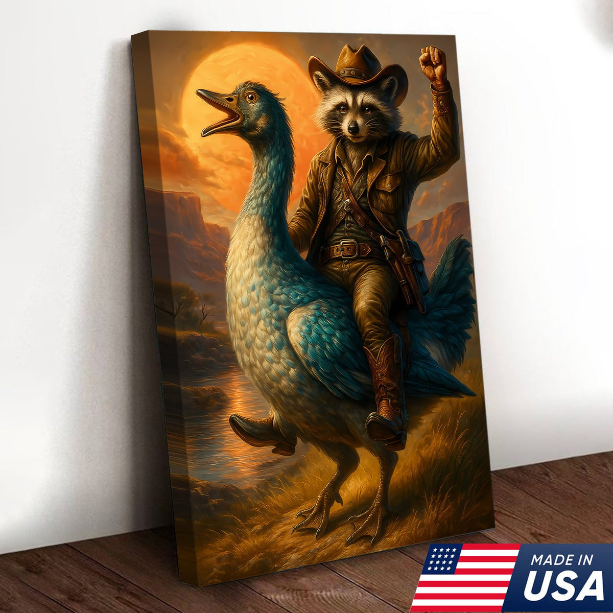 Raccoon Cowboy Riding Goose Canvas – Funny Western Wall Art for Hunters & Animal Lovers