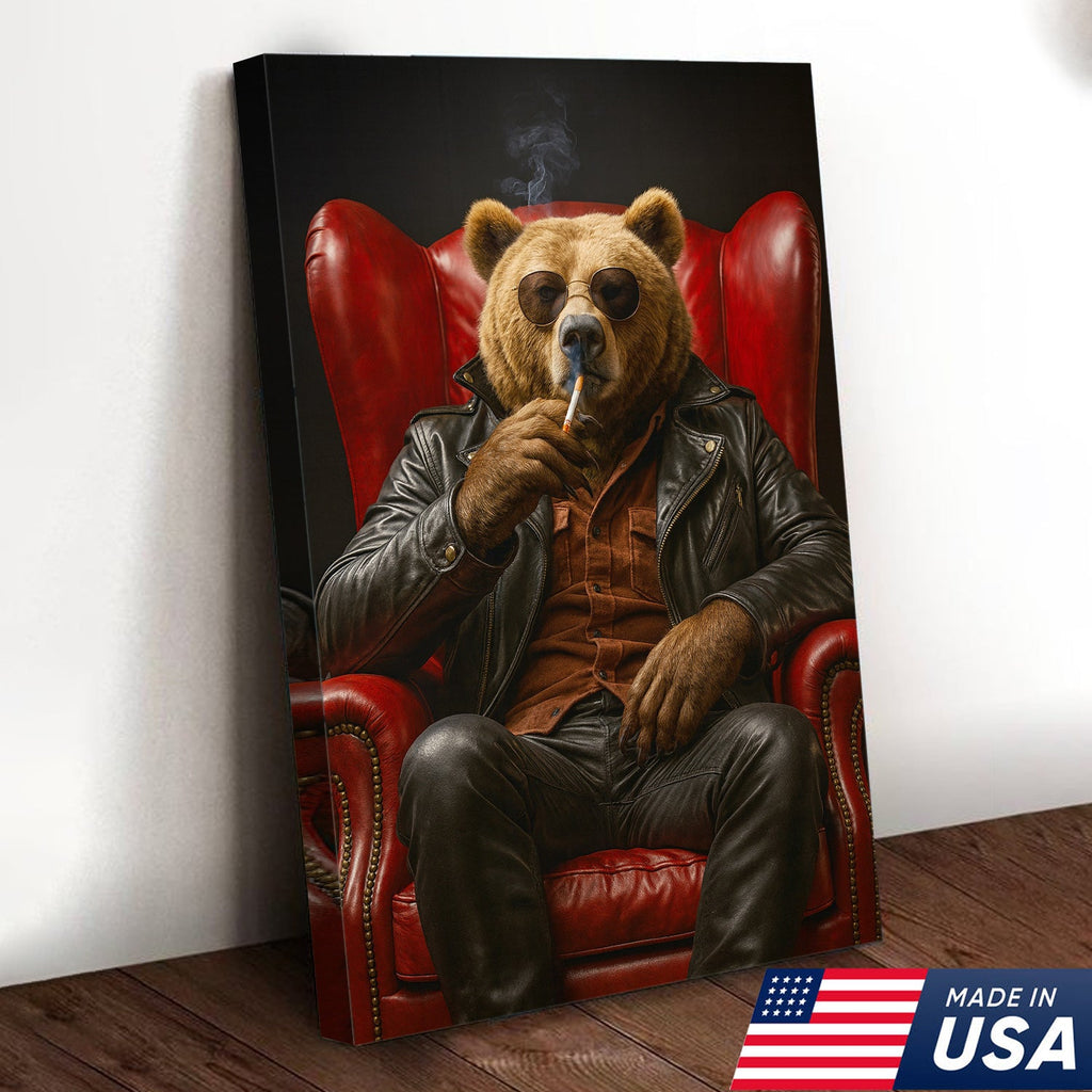 Cool Smoking Bear Wall Art Canvas – Badass Leather Chair Bear Canvas Print for Man Cave Decor