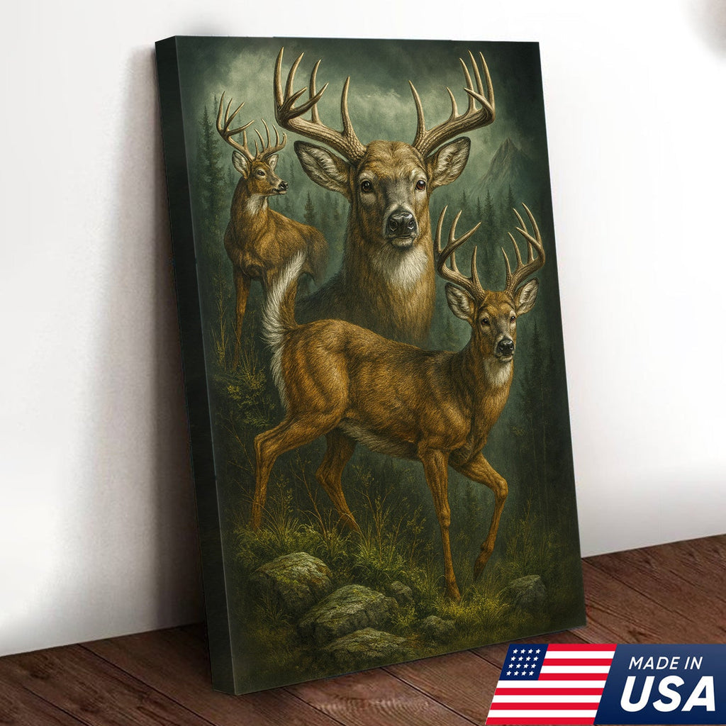 Whitetail Deer Trio Canvas Wall Art, Majestic Bucks in Forest Scene, Perfect Hunting Lodge