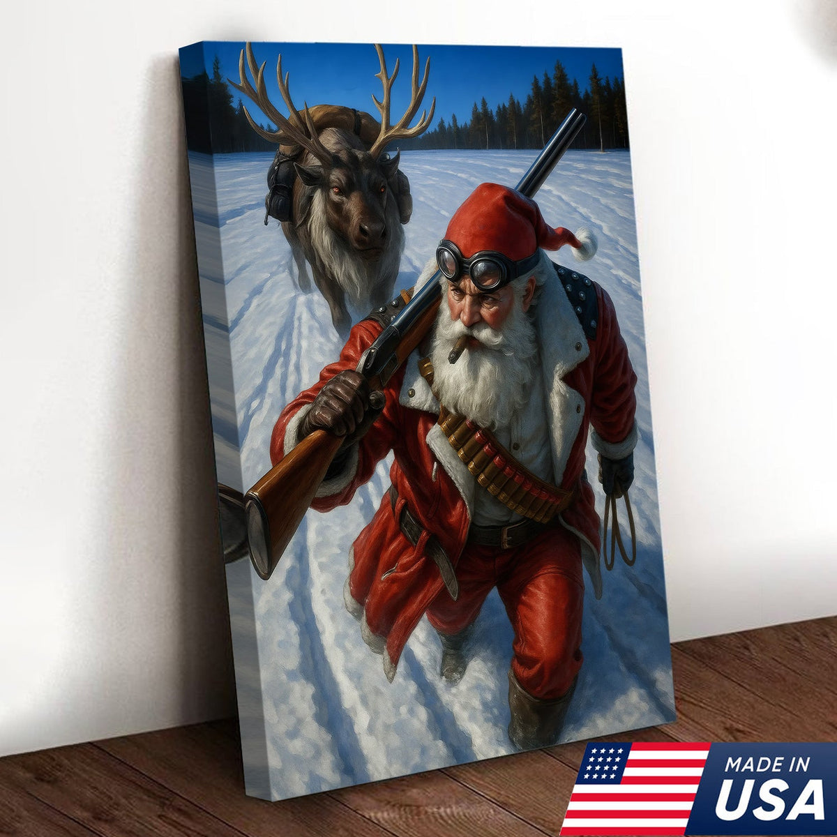 Action Santa Sprinting with Reindeer Canvas Wall Art, Epic Winter Christmas Decor