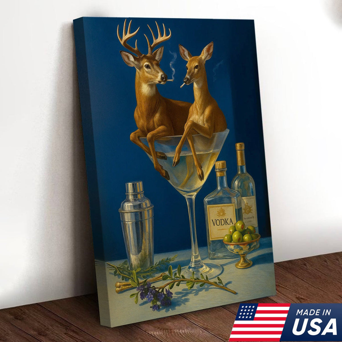 Funny Deer Couple Wall Art Canvas – Whimsical Buck and Doe in Martini Glass