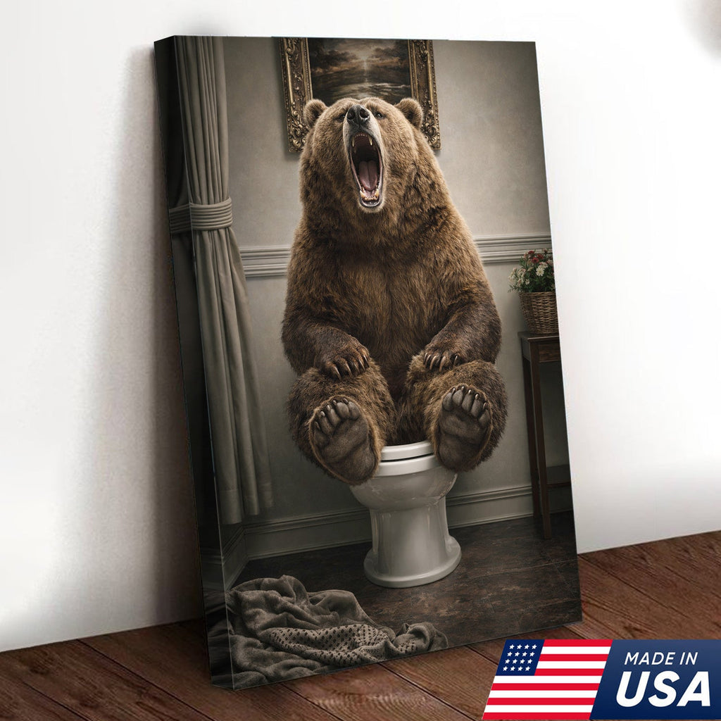 Funny Roaring Bear Bathroom Canvas Wall Art – Bear On Toilet Painting