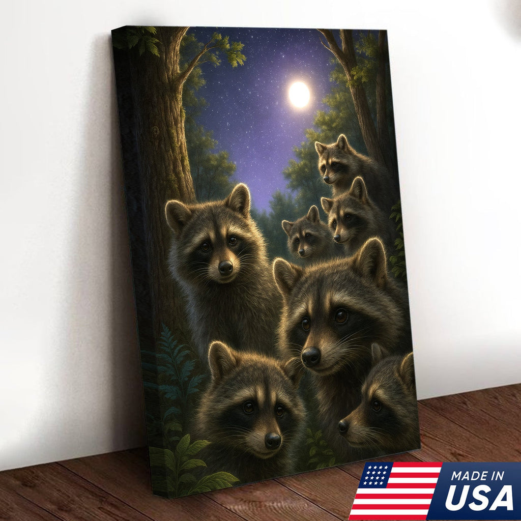 Raccoons Under Full Moon Canvas – Woodland Night Scene, Rustic Lodge Wall Art