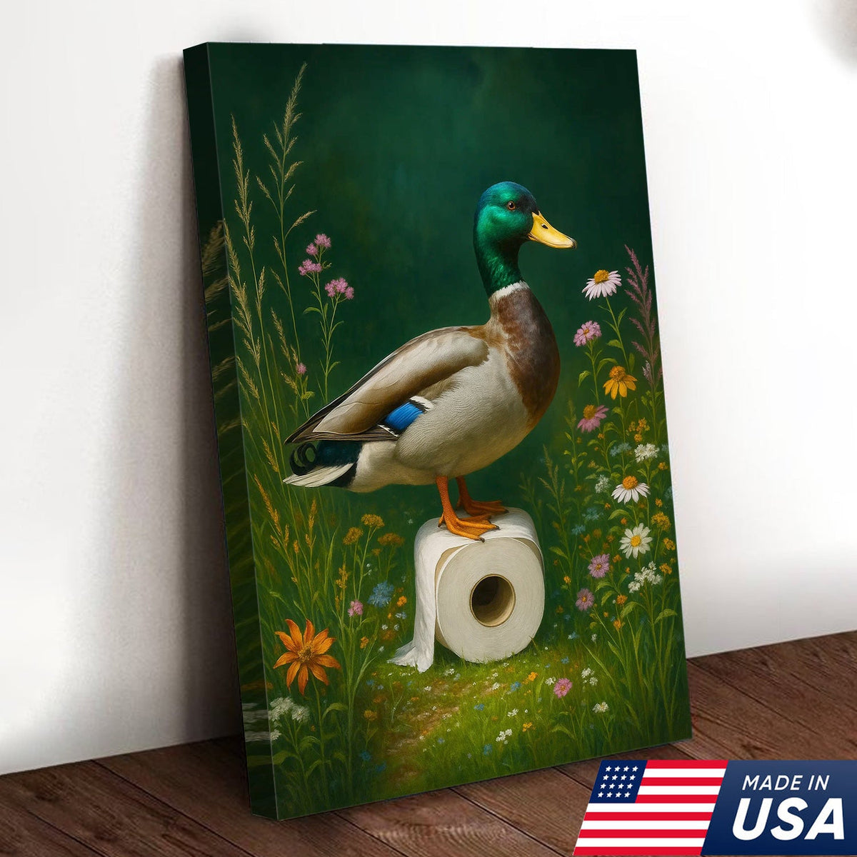 Duck on Toilet Paper Canvas Wall Art, Funny Bathroom Decor with Wildflowers