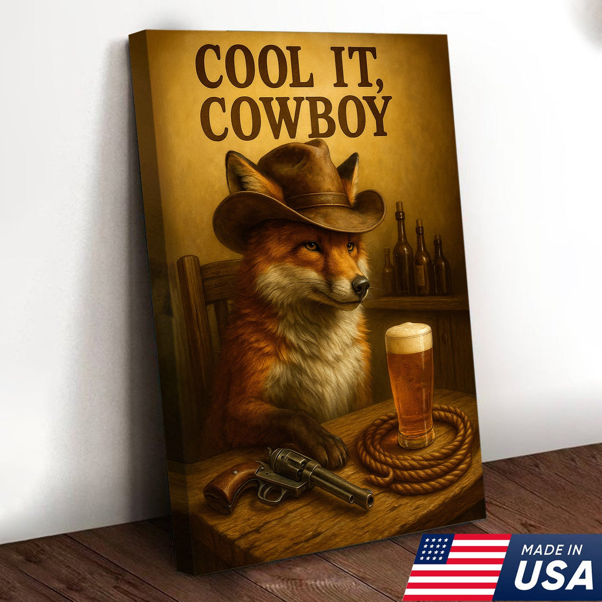 Cowboy Fox Canvas Wall Art – Rustic Western Saloon Painting with Coors Beer