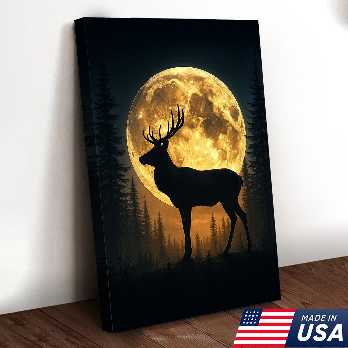 Moonlit Deer Silhouette Canvas – Rustic Forest Wall Art for Cabin & Lodge Decor