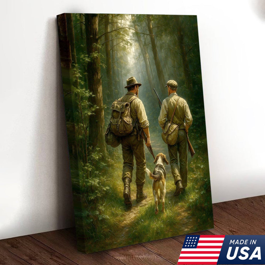 Hunting Canvas Wall Art – Hunters Walking with Dog in Forest – Rustic Cabin Decor