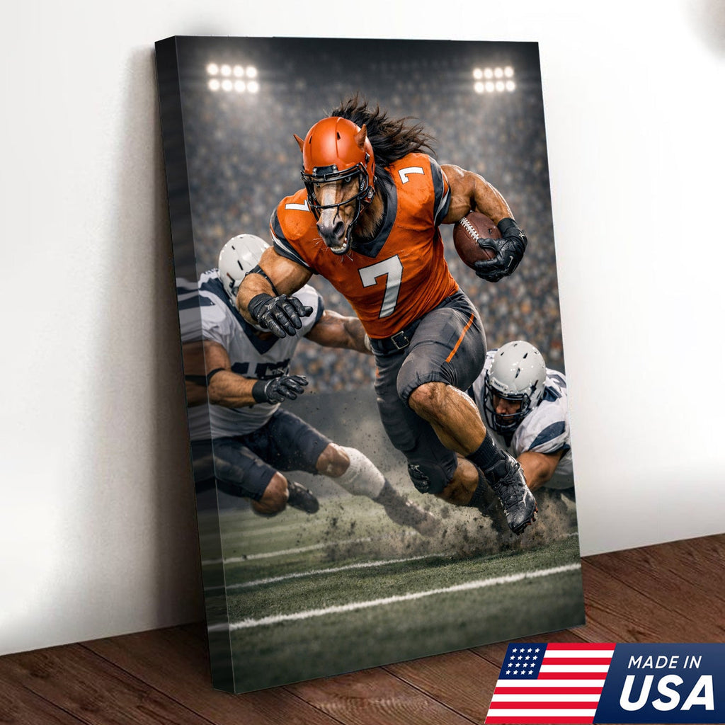 Wild Stallion Football Canvas Wall Art – Powerful Horse Athlete Stadium Action Print