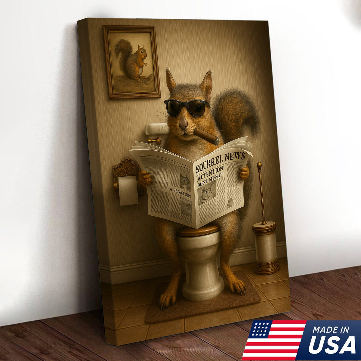 Hilarious Squirrel Canvas Print – Unique Rustic Bathroom Humor for Hunting Lodge and Man Cave