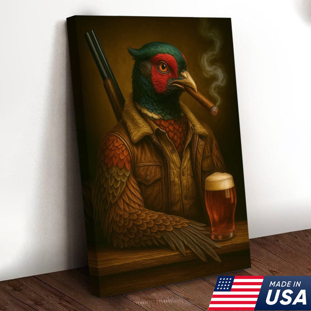 Wild Pheasant Canvas Wall Art – Surreal Hunter Portrait with Beer Glass, Bold Rustic Decor