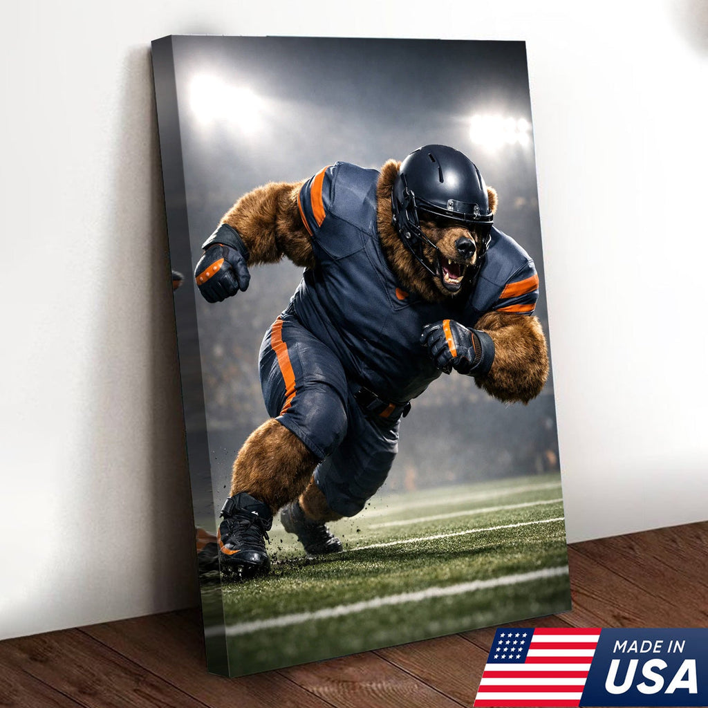 Raging Grizzly Football Canvas Wall Art – Powerful Bear Athlete Stadium Action Print