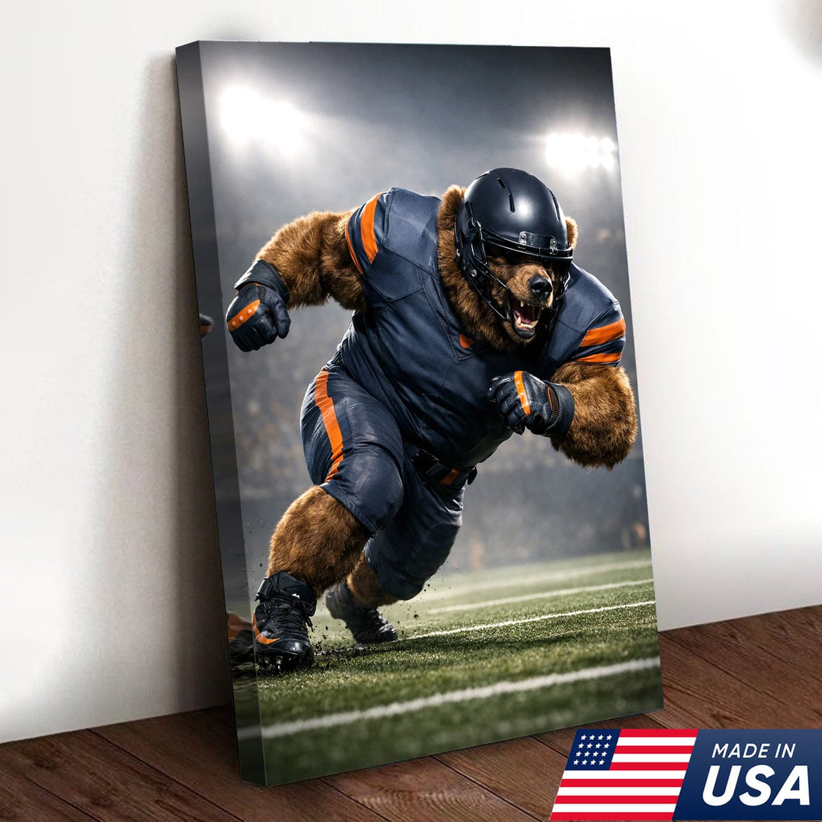 Raging Grizzly Football Canvas Wall Art – Powerful Bear Athlete Stadium Action Print