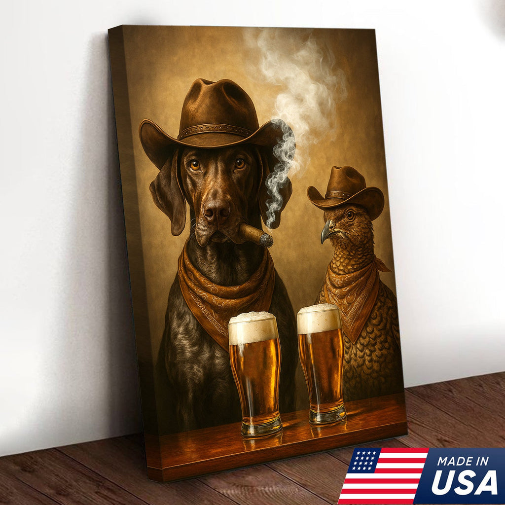 Funny Dog & Grouse Beer Canvas Wall Art – Rustic Cowboy Bar Decor Gift for Hunters & Outdoorsmen
