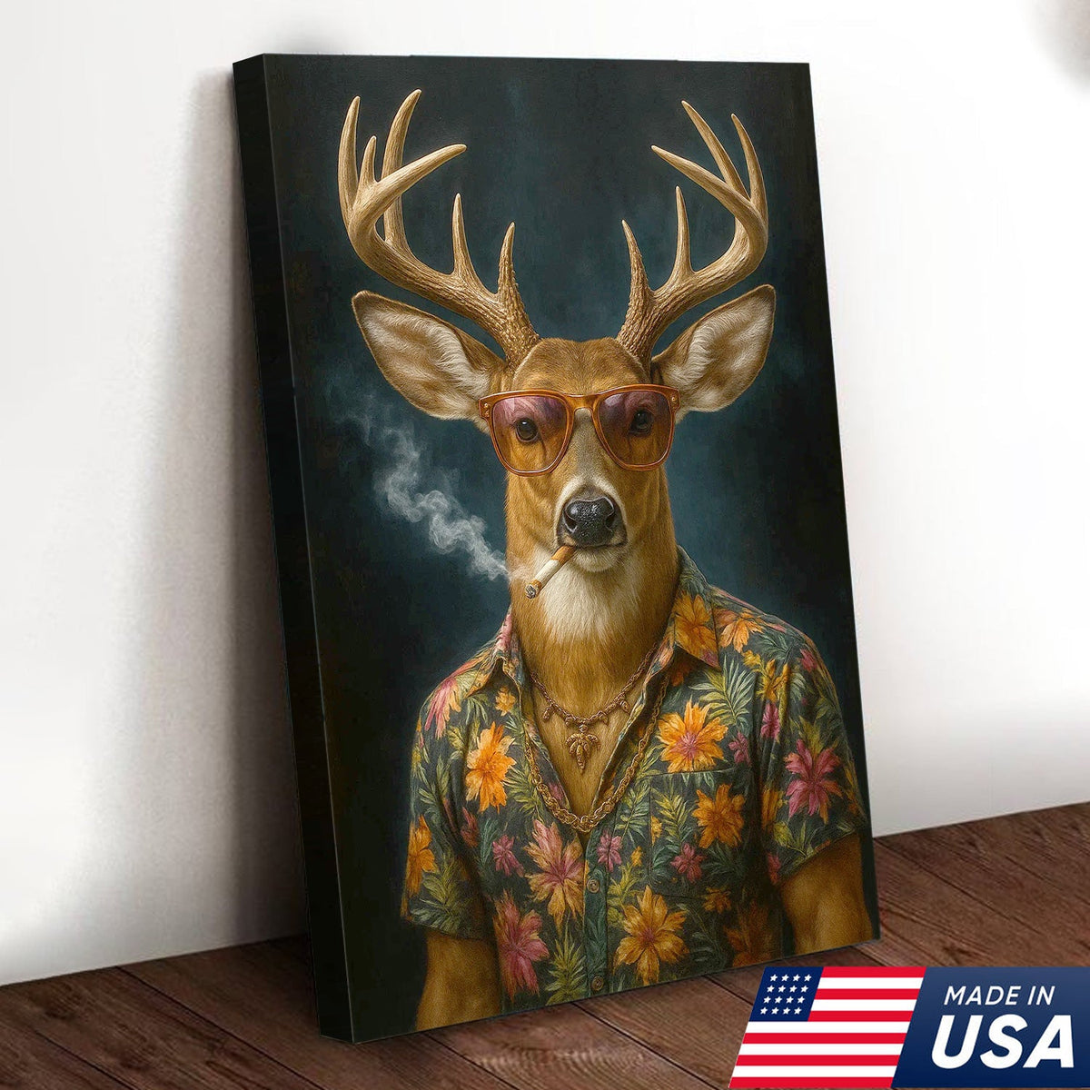 Cool Deer Smoking Canvas Wall Art, Funny Animal Portrait Artwork, Retro Hunter Gift Decor