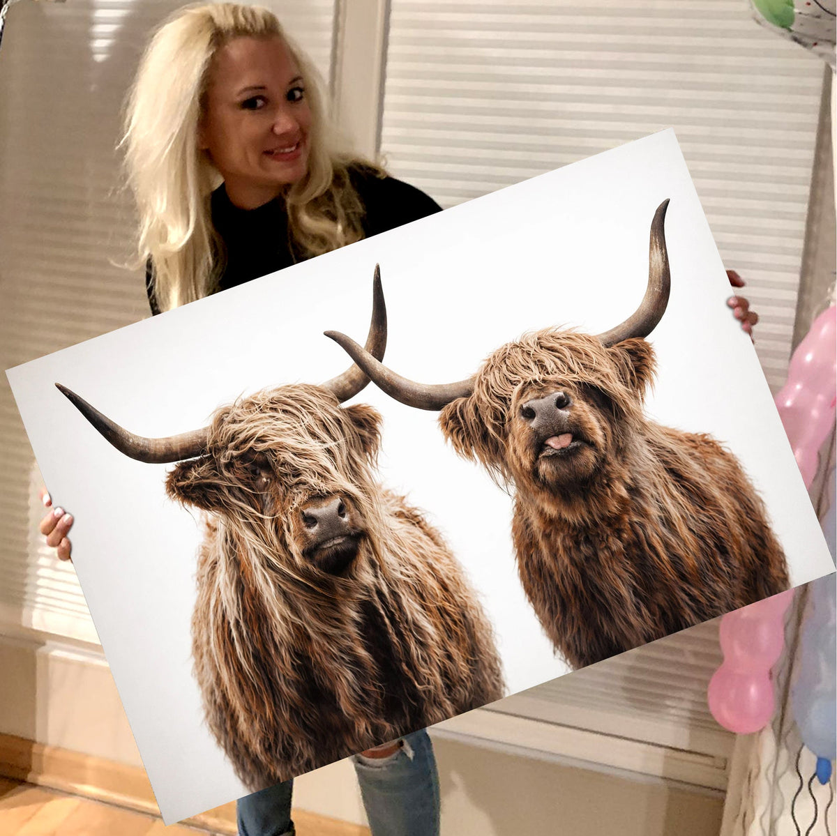 Highland Cow Duo Canvas Wall Art, Rustic Farm Animal Portrait