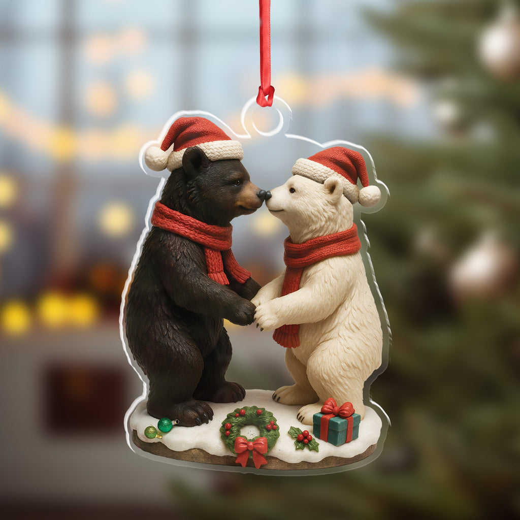 Christmas Bear Couple Figurine Acrylic Ornament – Cute Holiday Decor for Couples, Polar and Brown Bear Love Statue, Romantic Christmas Gift for Him or Her
