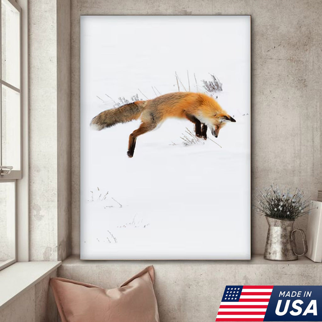 Funny Fox Snow Dive Triptych Canvas Wall Art Set, Playful Wildlife Winter Photography Prints