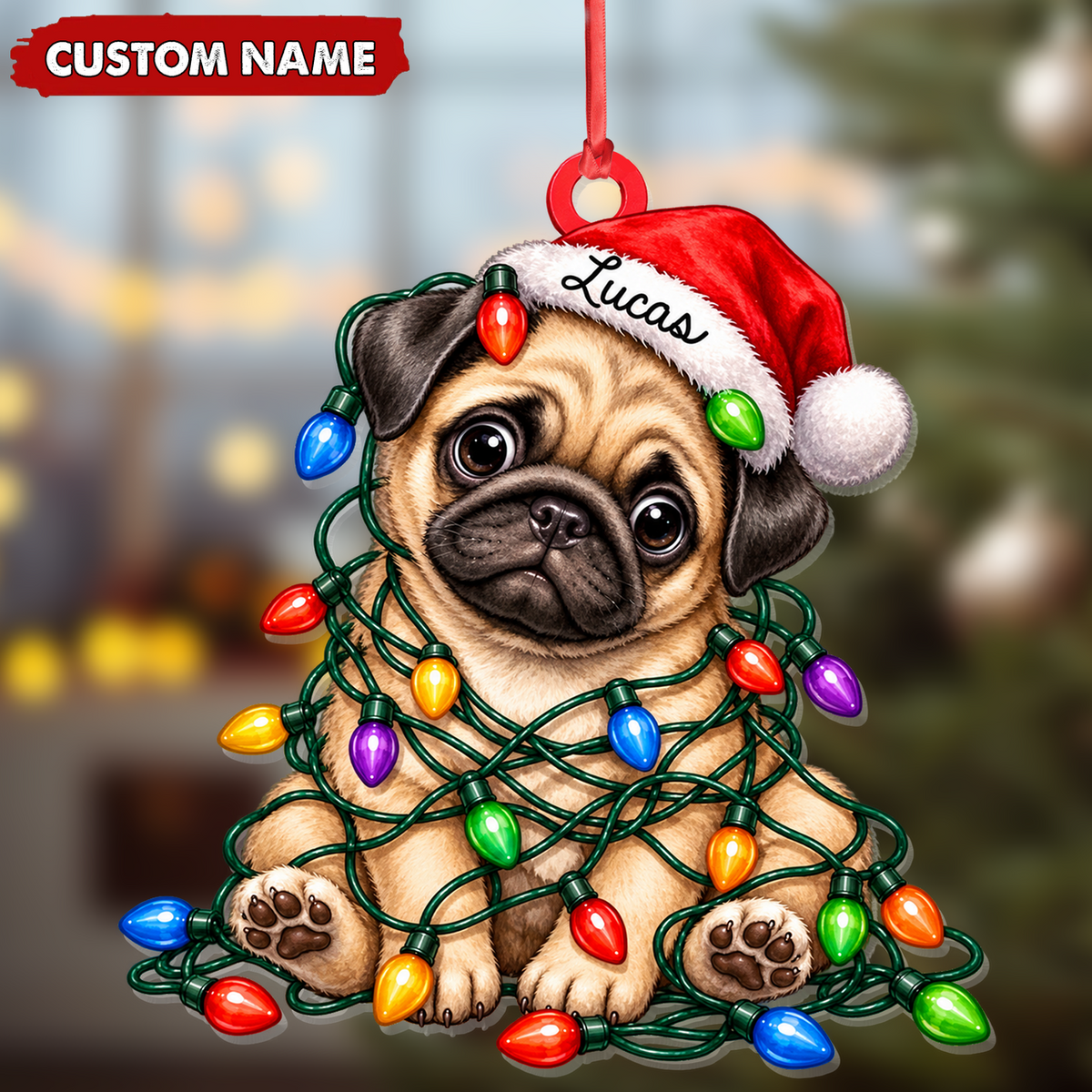 Personalized Pug Christmas Ornament Custom Name Festive Dog Keepsake