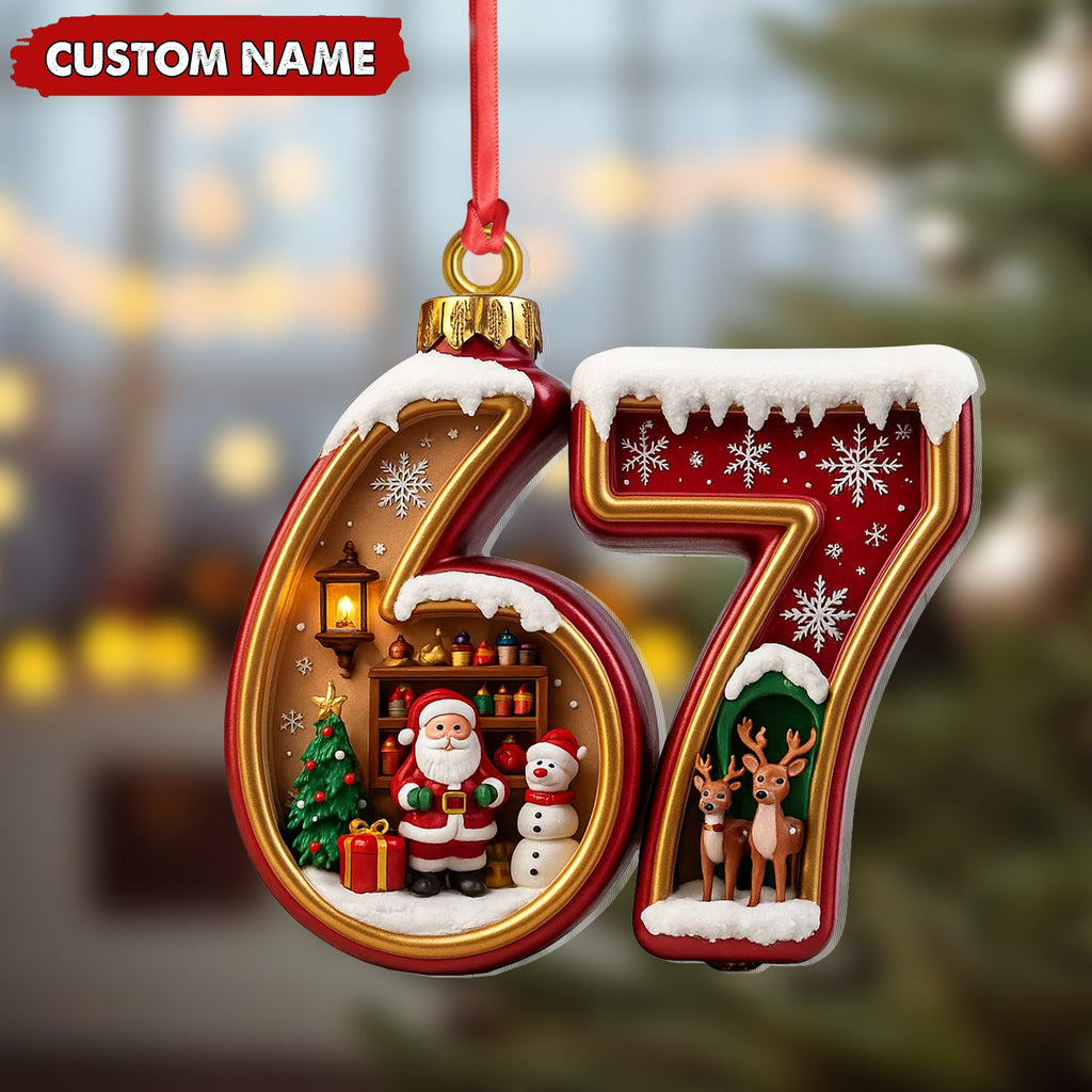 Personalized 67 Christmas Ornament, Custom Name Santa & Reindeer Number 67 Bauble, Holiday Tree Decoration