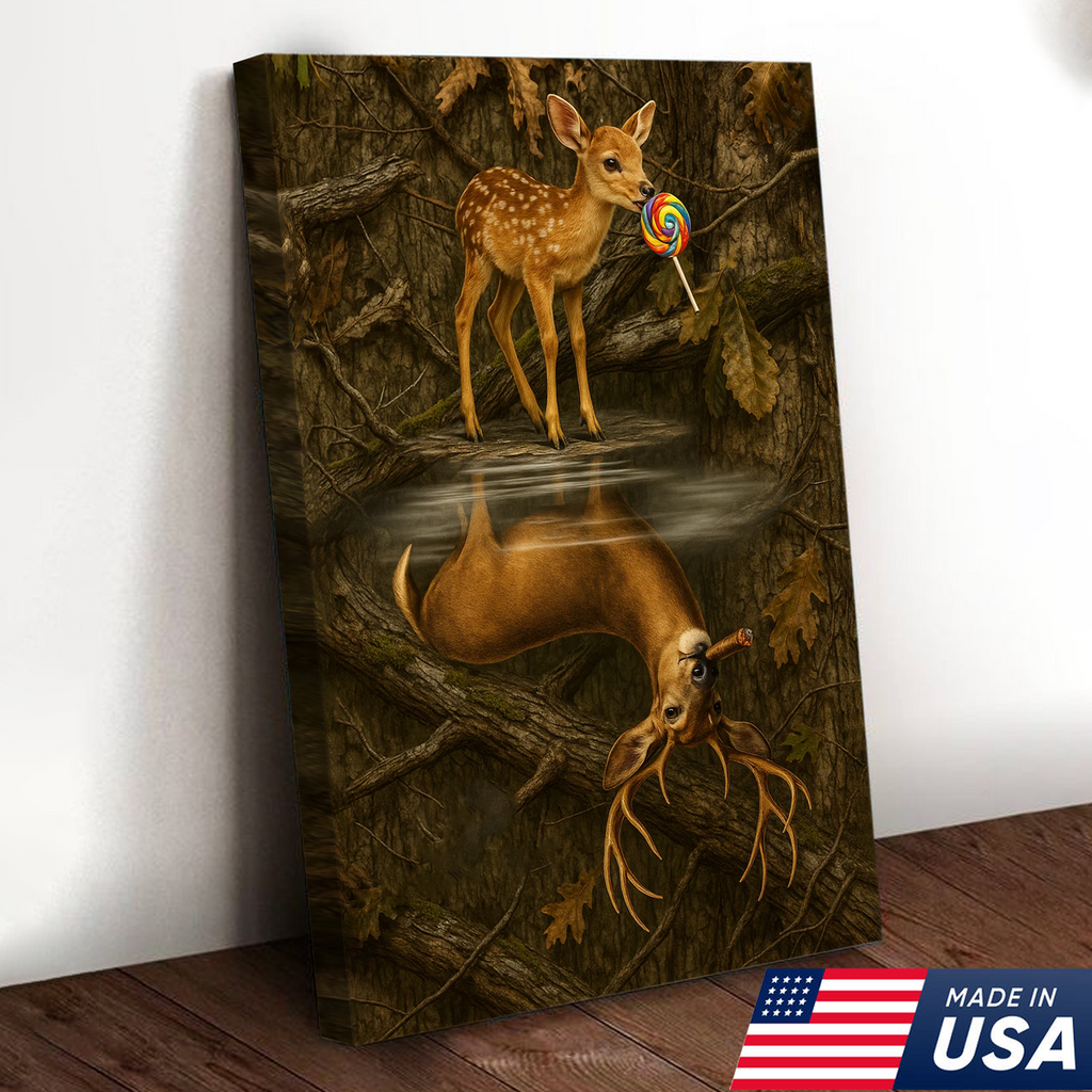 Whimsical Deer Reflection Canvas Art - Cute Fawn with Lollipop Forest Scene