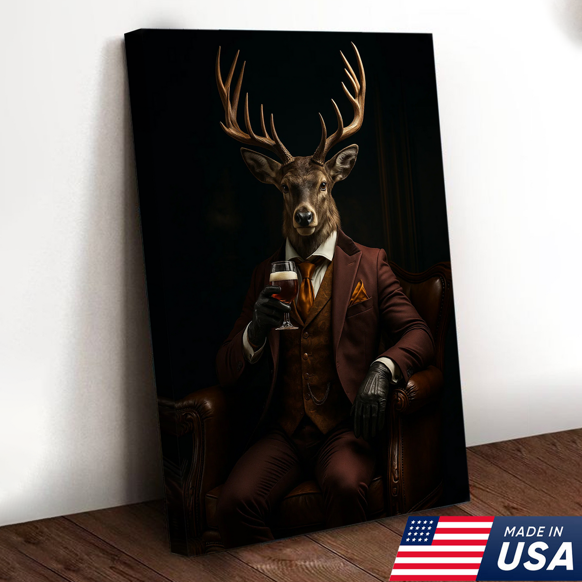 Deer Gentleman Canvas Wall Art – Rustic Lodge Decor, Anthropomorphic Buck in Suit