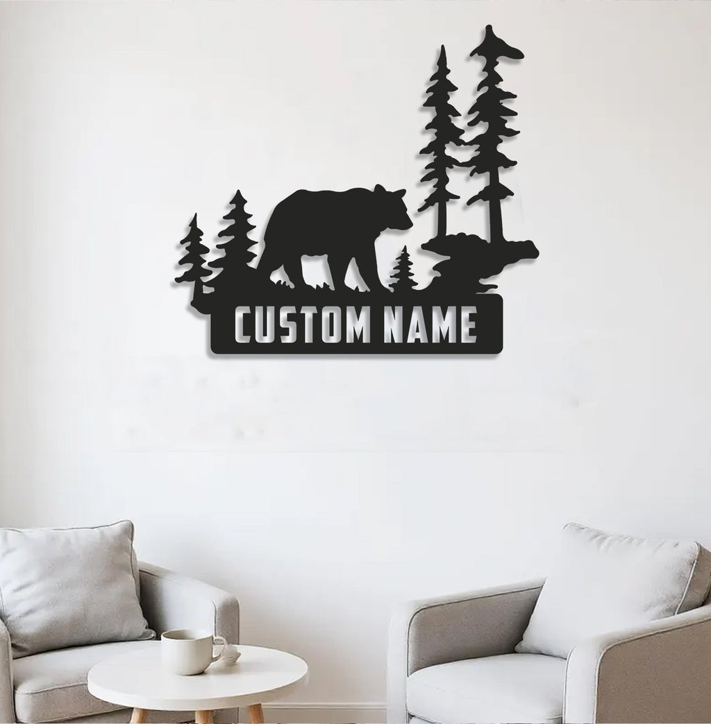 Personalized Bear Metal Sign WITH LED/WITHOUT LED Light Custom Name Mountain Scene Wall Art