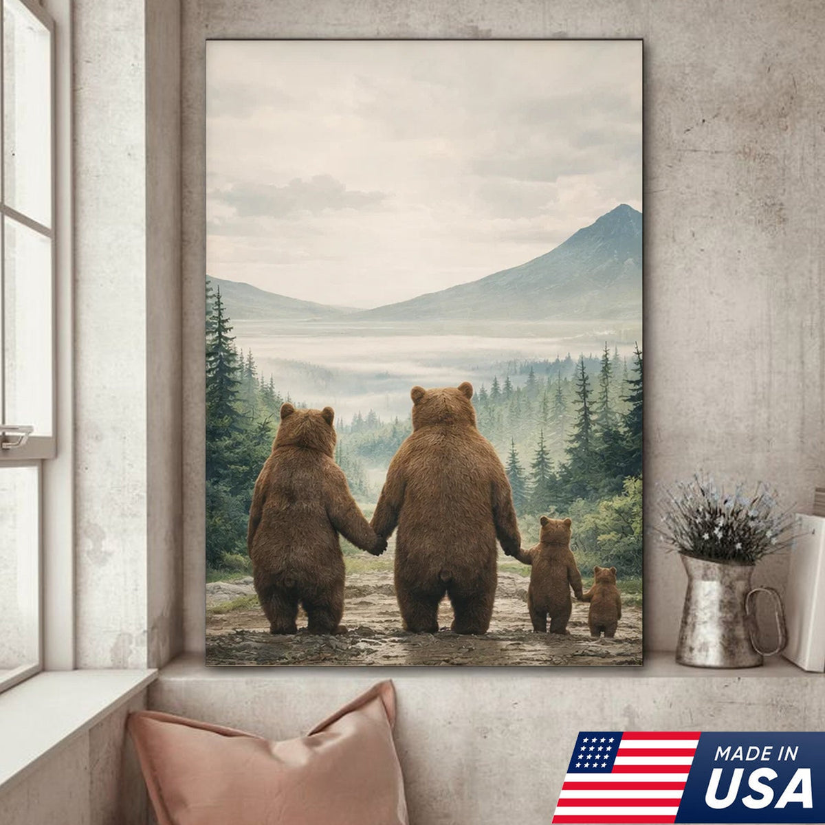Bear Family Forest Triptych Canvas Wall Art Set, Peaceful Wildlife Landscape with Cubs