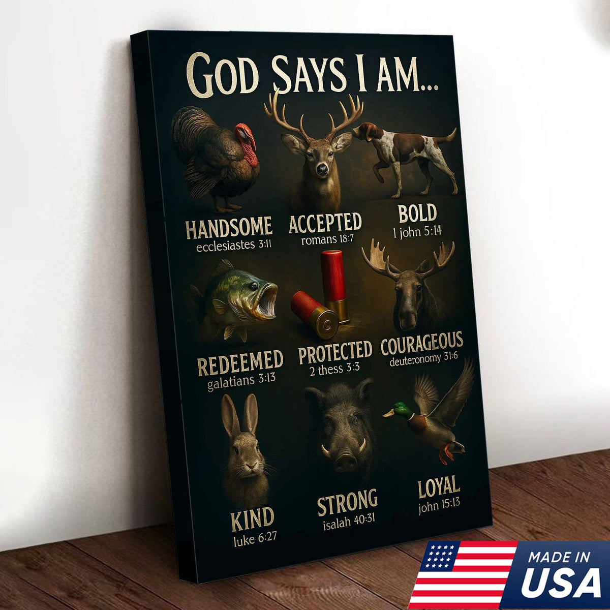 God Says I Am Hunting Canvas, Christian Wildlife Wall Art with Deer, Turkey, Duck, and Moose