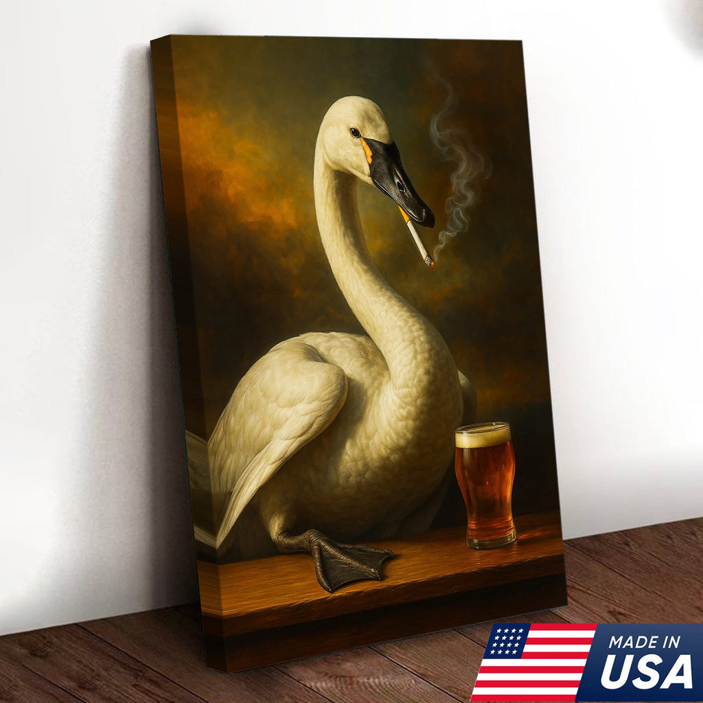 Rustic Tundra Swan Canvas Wall Art – Elegant Wildlife Bar Scene with Beer – Hunting Cabin Decor