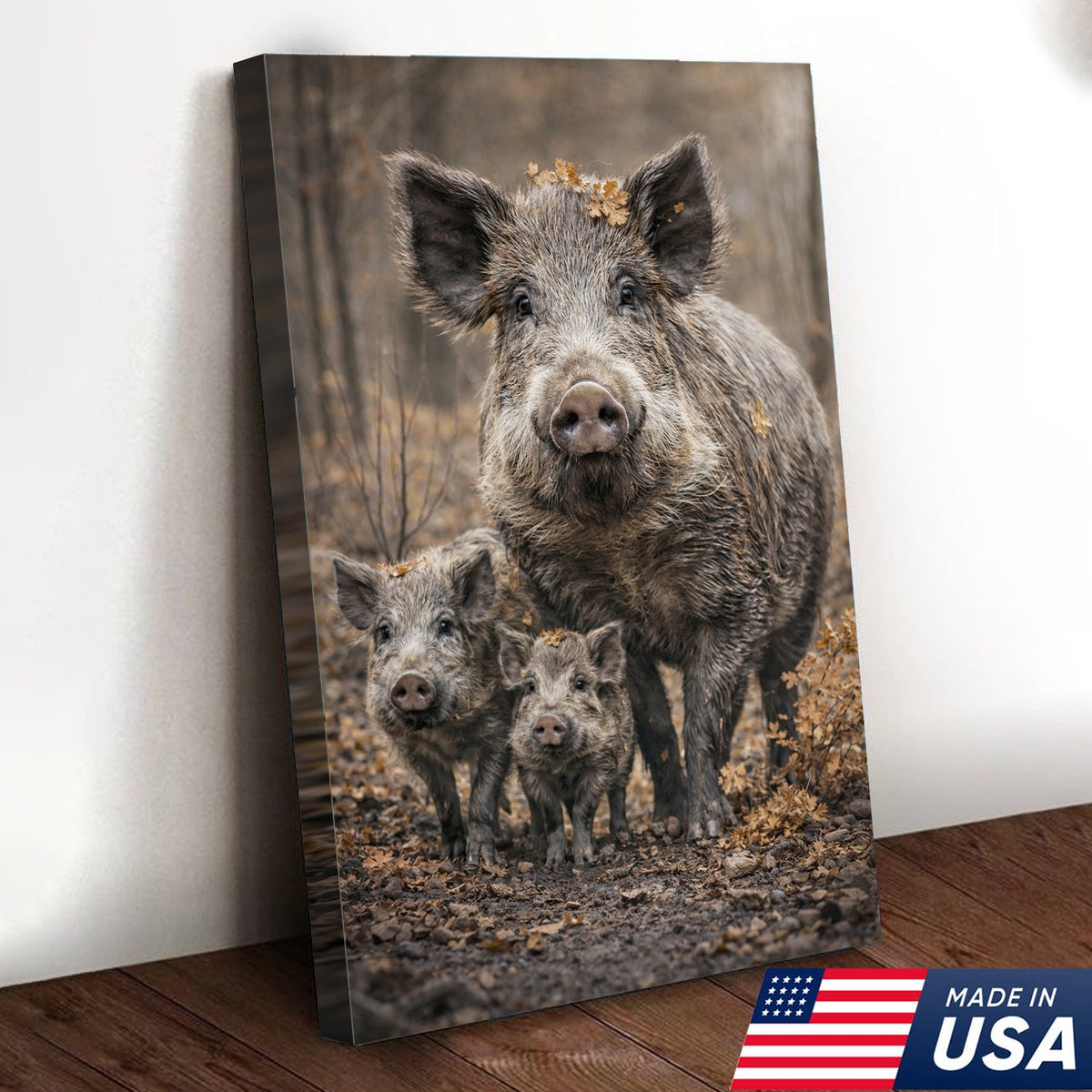 Wild Boar Family Canvas Wall Art – Rustic Forest Wildlife Animal Wall Decor
