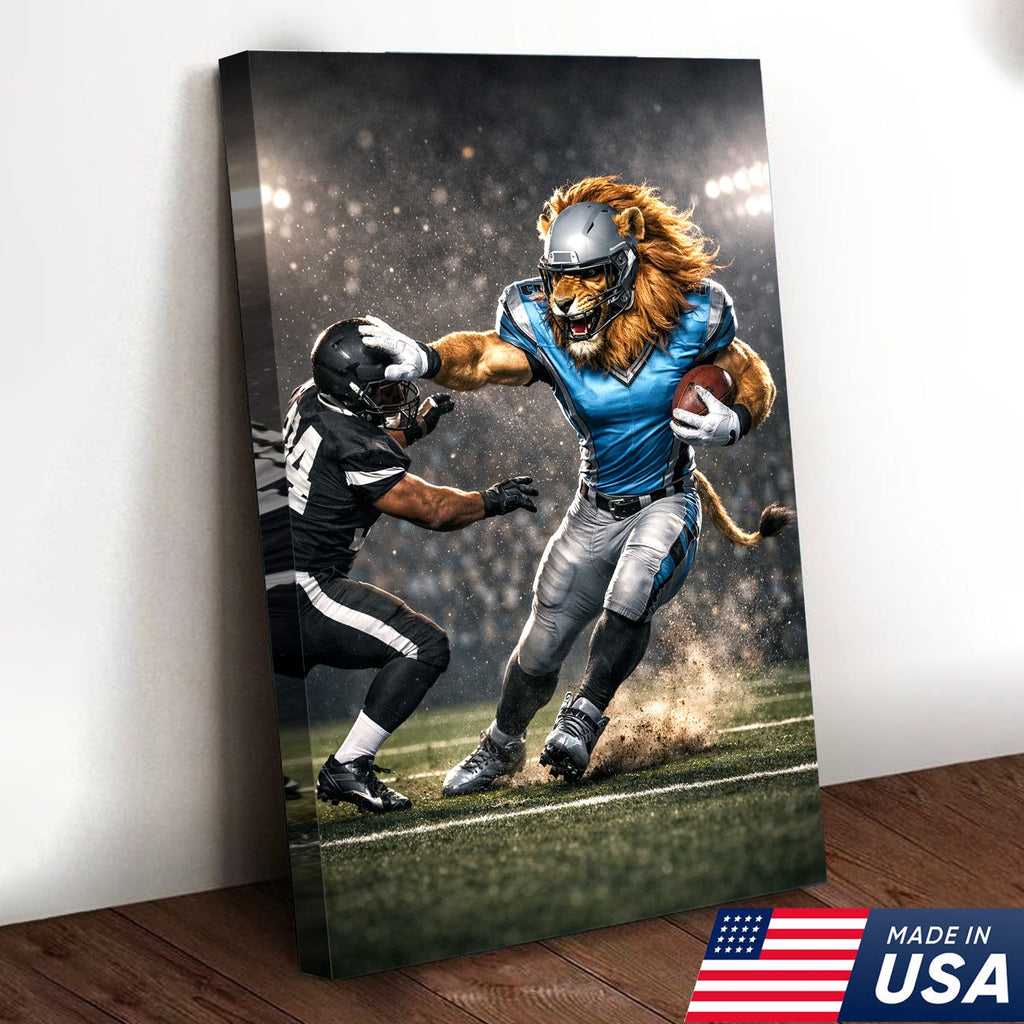 Fearless Lion Football Canvas Wall Art – Powerful Big Cat Athlete Stadium Action Print