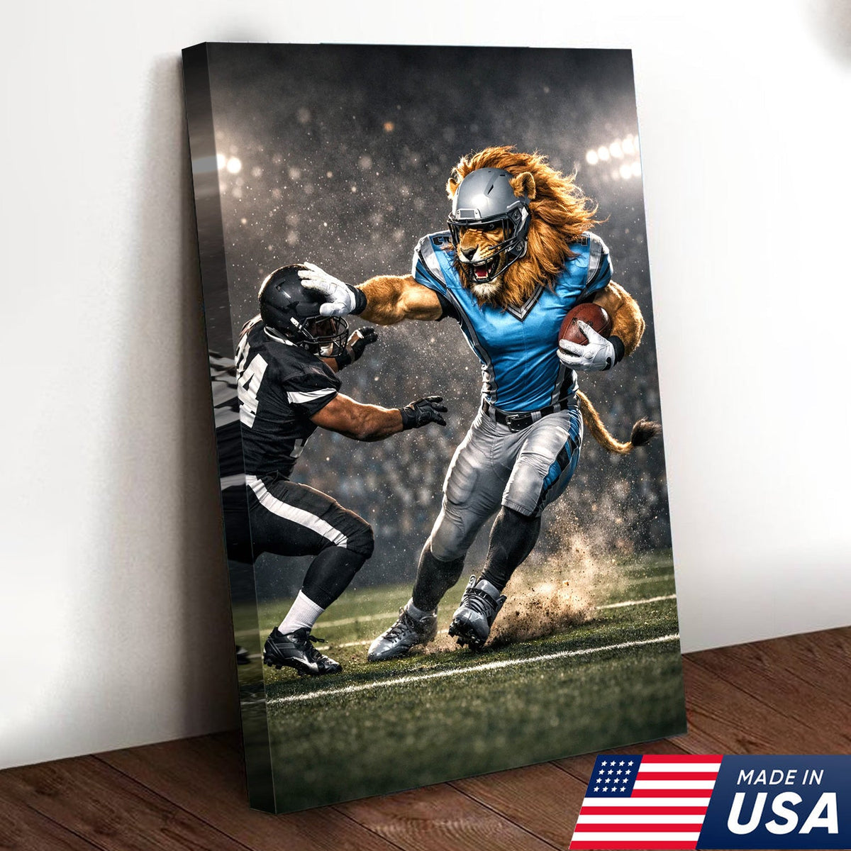 Fearless Lion Football Canvas Wall Art – Powerful Big Cat Athlete Stadium Action Print