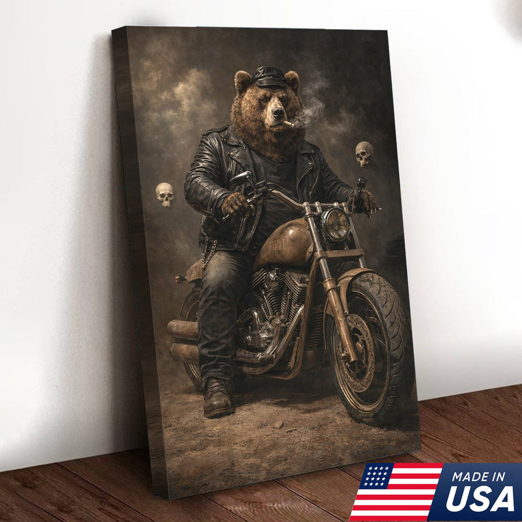 Bear Motorcycle Canvas Print Biker Animal Wall Art Man Cave Decor Gift