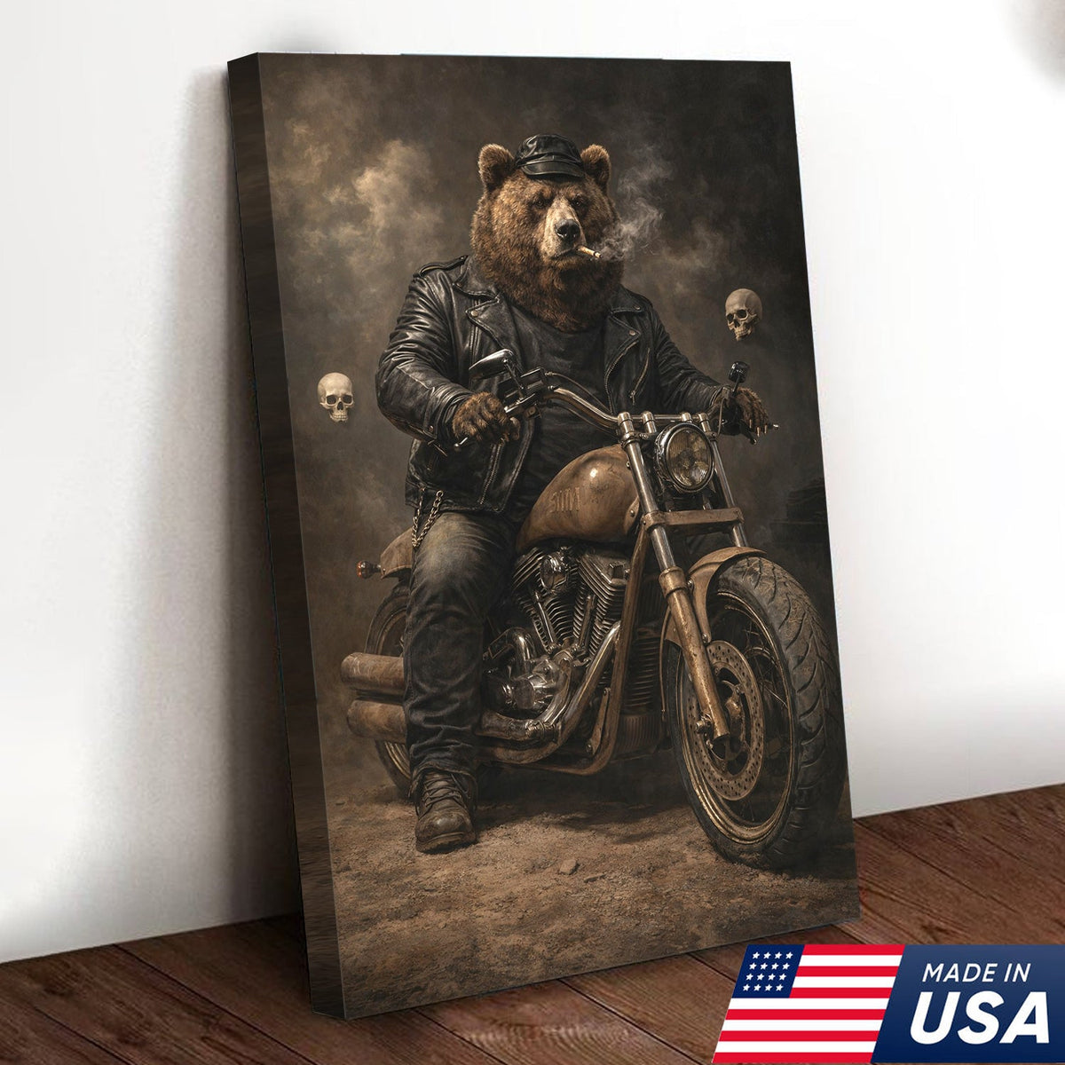 Bear Motorcycle Canvas Print Biker Animal Wall Art Man Cave Decor Gift