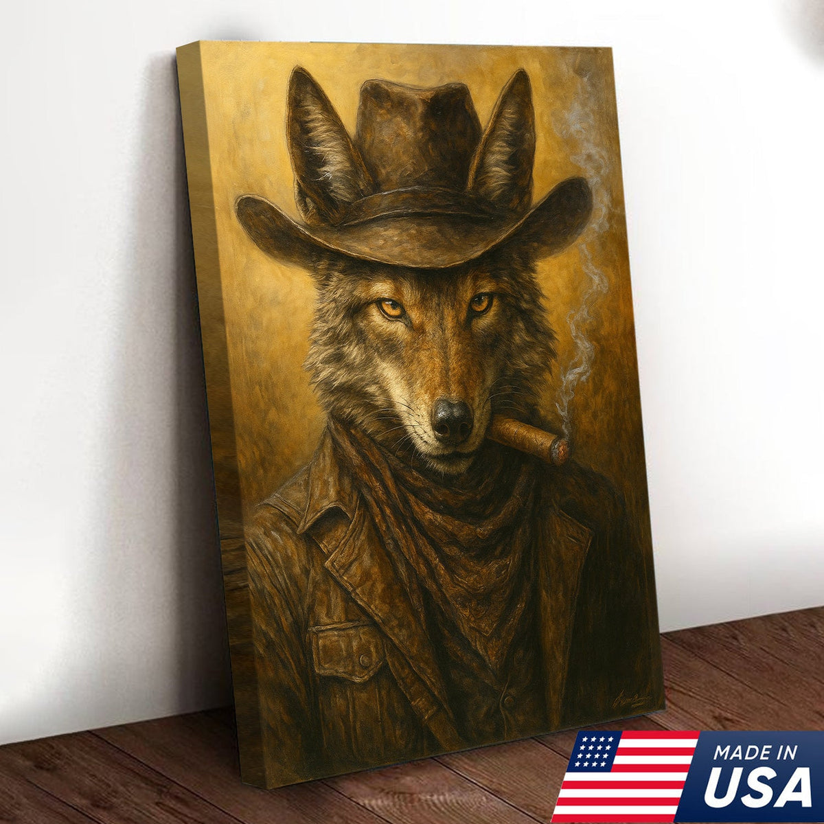 Coyote Cowboy Canvas Wall Art – Rustic Western Outlaw Painting for Lodge, Bar, Hunters