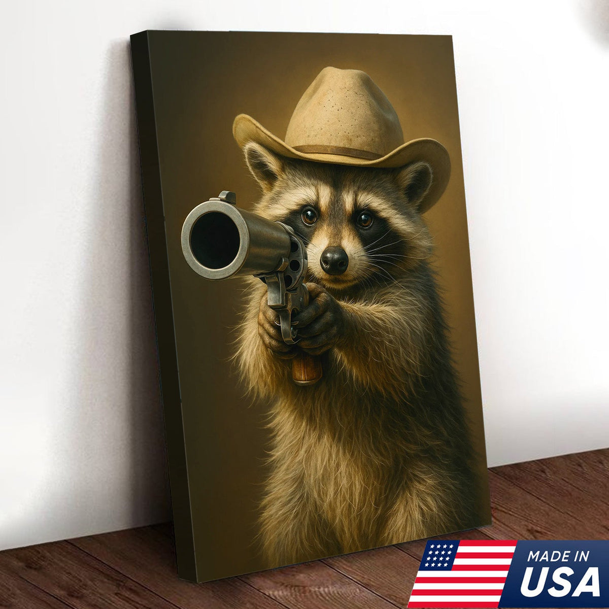 Cowboy Raccoon with Revolver Canvas Wall Art, Funny Western Critter Decor