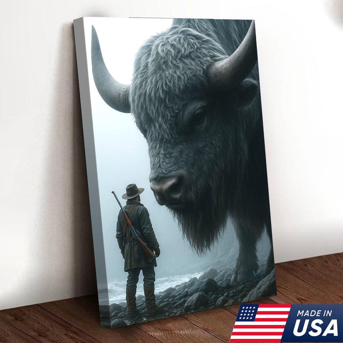 Giant Bison and Cowboy Wall Art Canvas, Western Hunter Standing by Buffalo Print