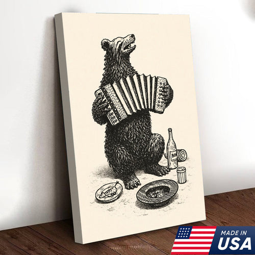 Accordion Playing Bear Illustration Canvas – Vintage Folk Wall Art with Rustic Charm