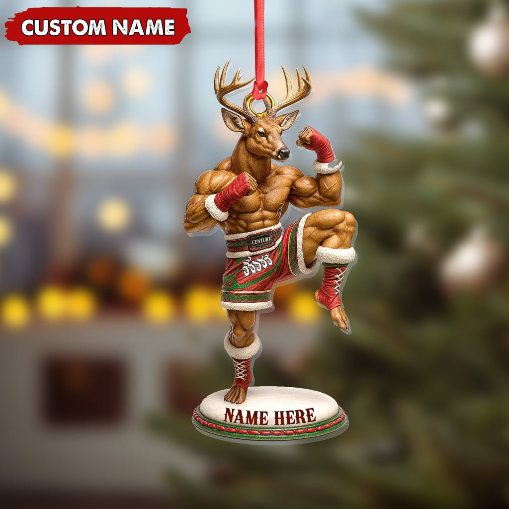 Custom Name Muay Thai Deer Ornament, Funny Boxing Deer Christmas Decoration