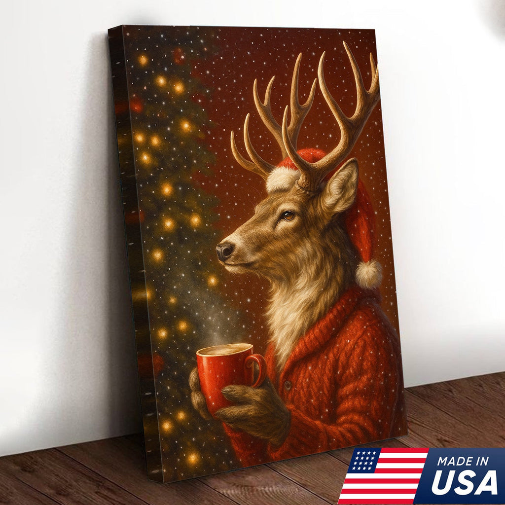 Christmas Deer Drink Coffee In Cozy Sweater Canvas Wall Art - Holiday Cabin Decor