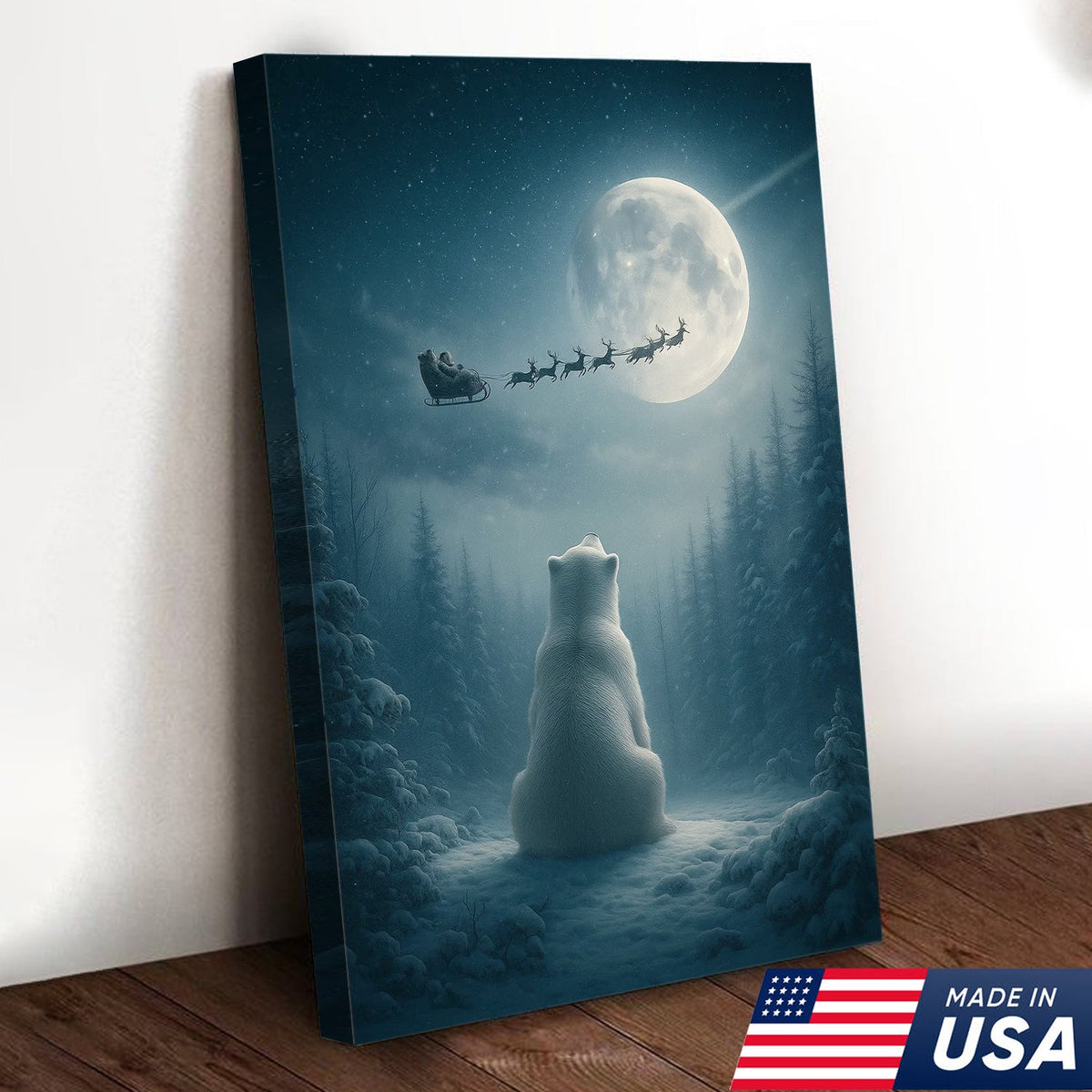 Christmas Polar Bear Santa Sleigh Wall Art Canvas, Winter Night Forest Moon Decor