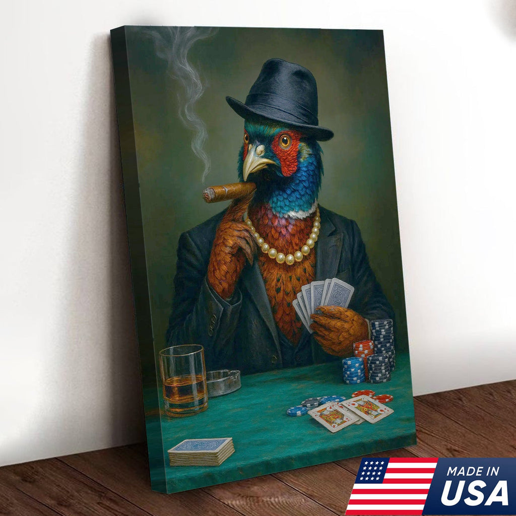 Funny Pheasant Poker Player Canvas Wall Art, Colorful Bird in Suit Casino Decor