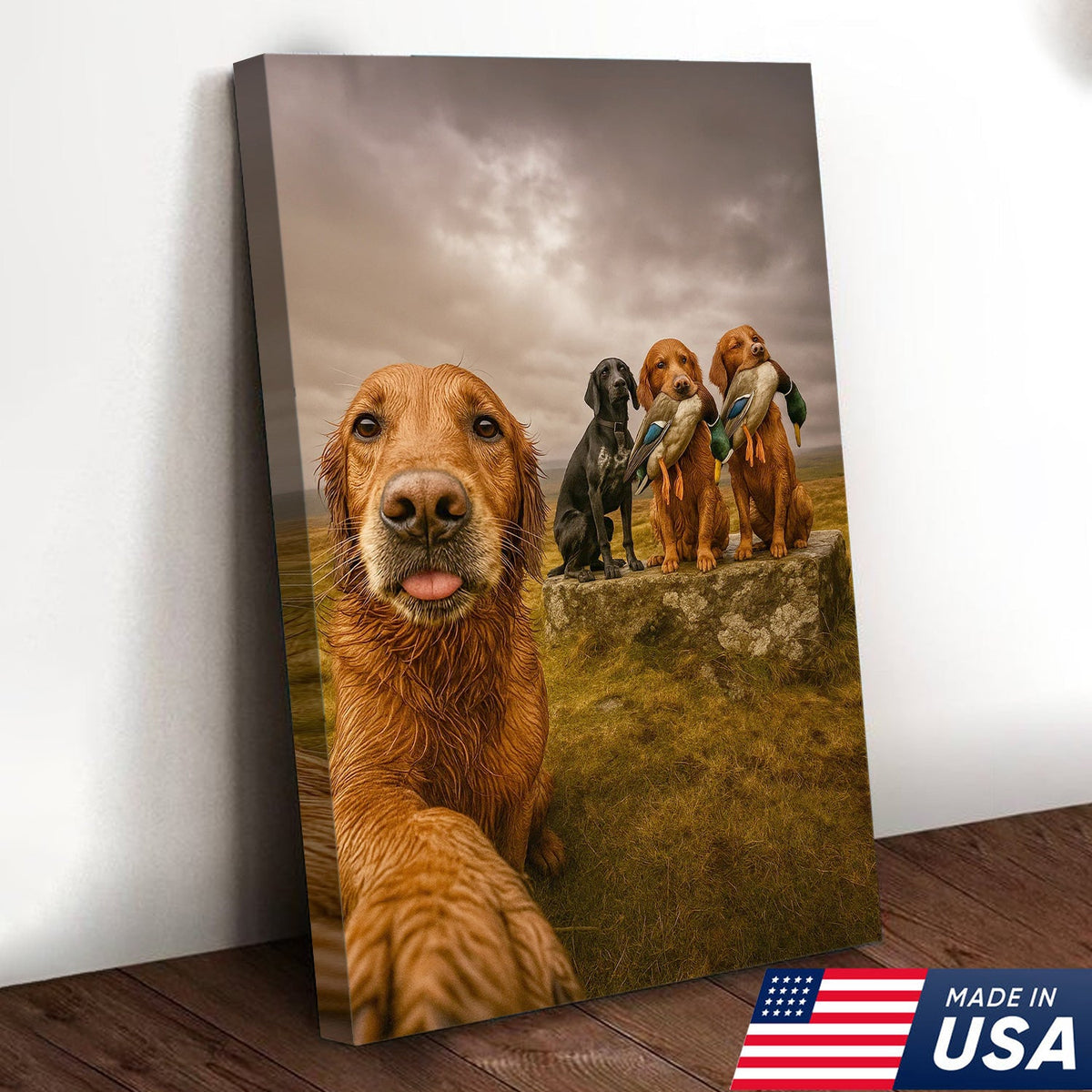 Hunting Dogs Selfie Canvas Art – Funny Retriever Group Photo with Ducks