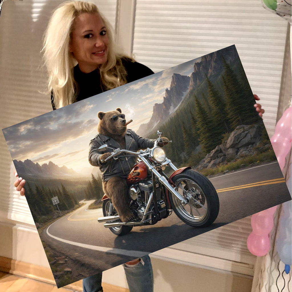 Cool Biker Bear Canvas Wall Art, Motorcycle Bear Riding Scenic Mountain Highway